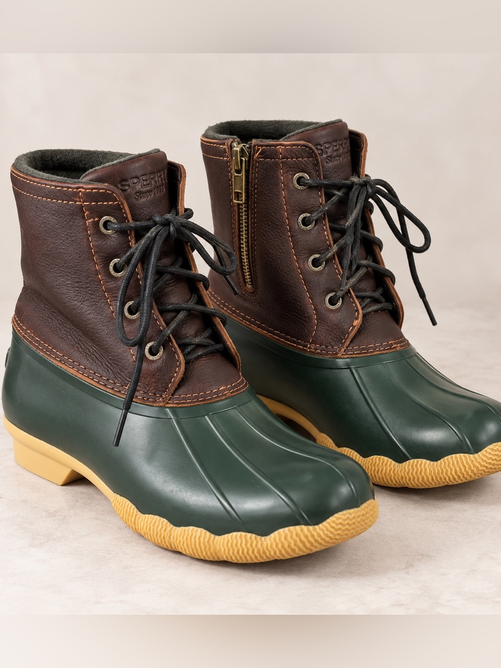 Sperry Saltwater Duck Boots Women’s 8 Green Brown Leather Waterproof Rain Boots